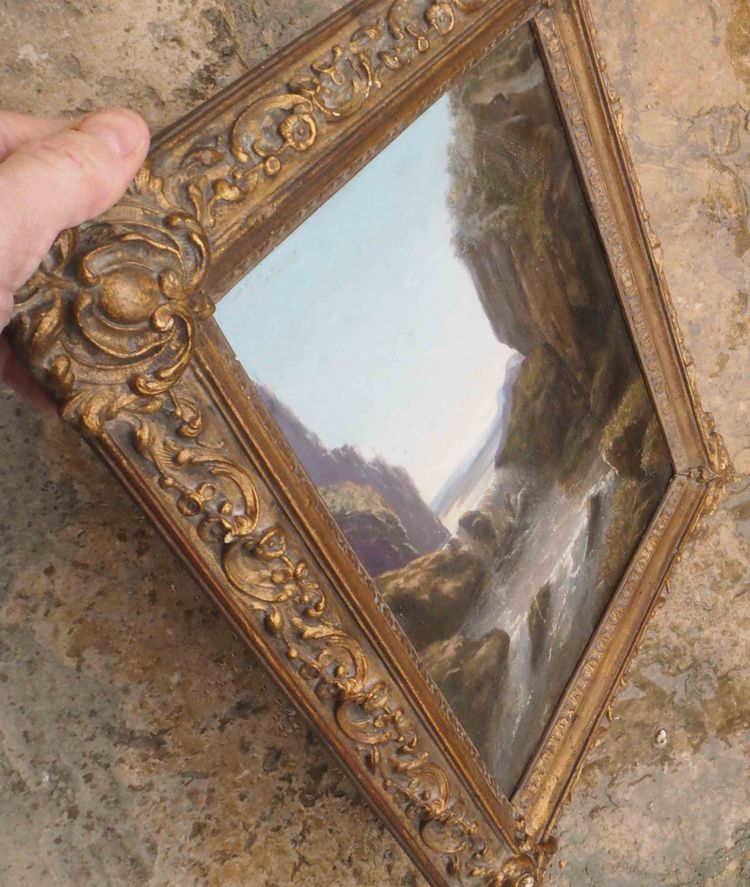 Dipinto del XIX secolo Paesaggio montano al crepuscolo con torrente + cornice
