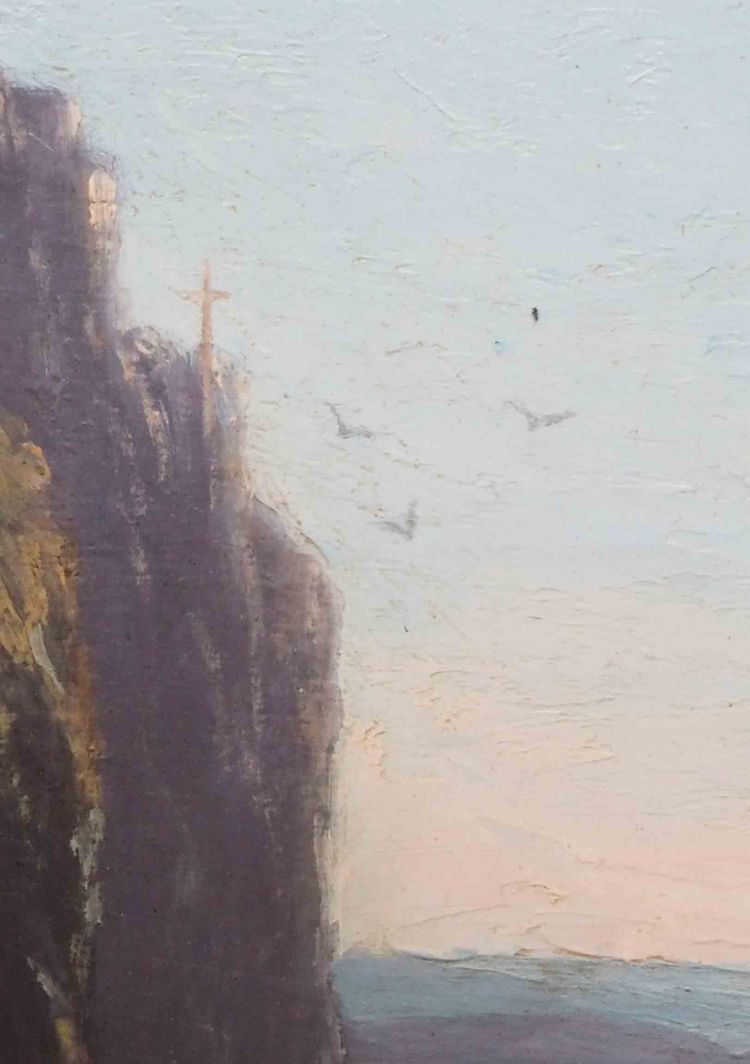 Dipinto del XIX secolo Paesaggio montano al crepuscolo con torrente + cornice