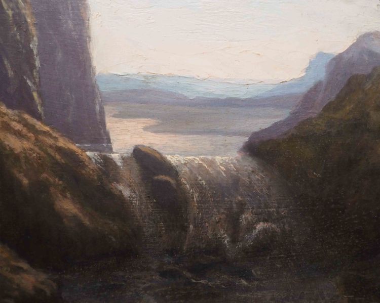Dipinto del XIX secolo Paesaggio montano al crepuscolo con torrente + cornice