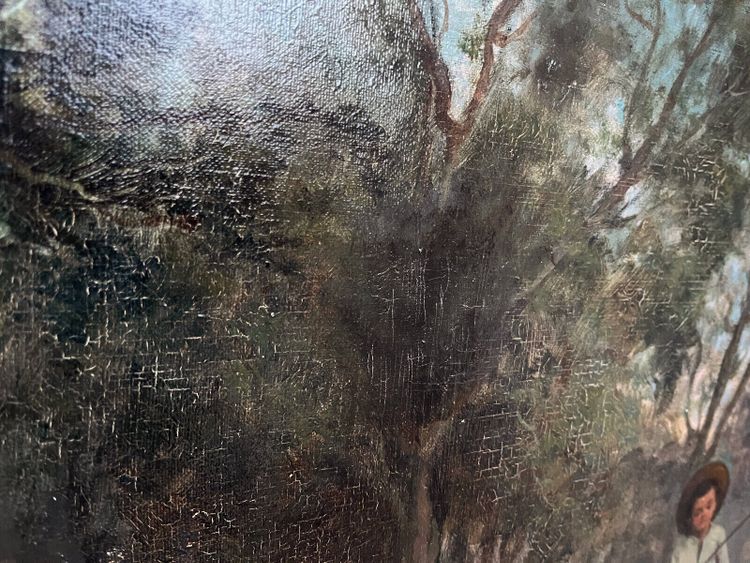 Dipinto ad olio su tela (XIX/XX secolo) Bambini pescatori nel sottobosco