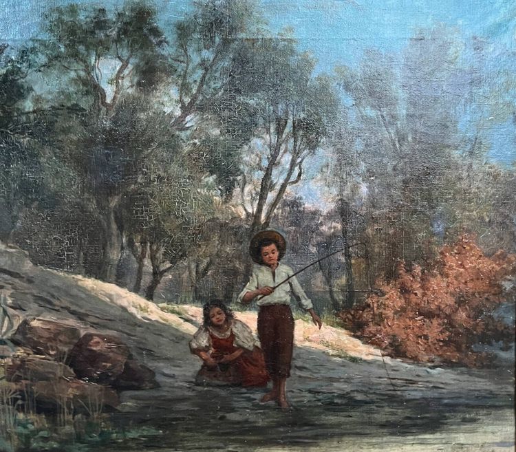 Dipinto ad olio su tela (XIX/XX secolo) Bambini pescatori nel sottobosco