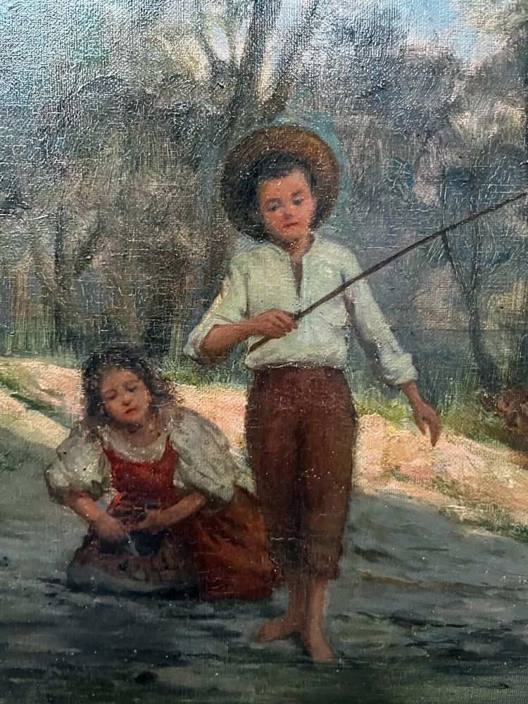 Dipinto ad olio su tela (XIX/XX secolo) Bambini pescatori nel sottobosco