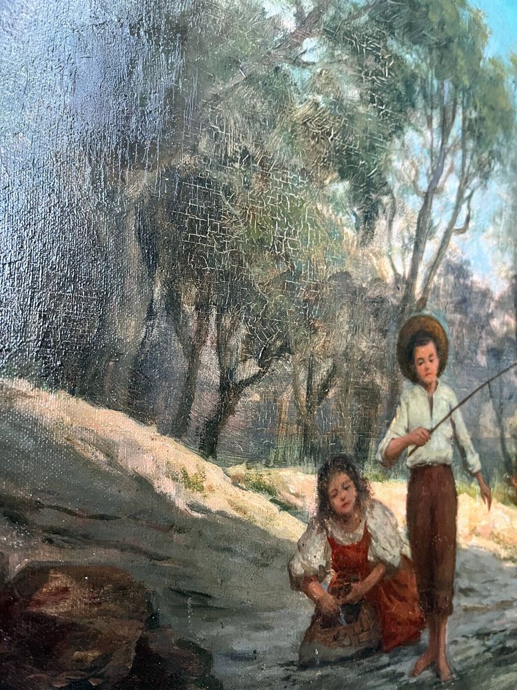 Dipinto ad olio su tela (XIX/XX secolo) Bambini pescatori nel sottobosco