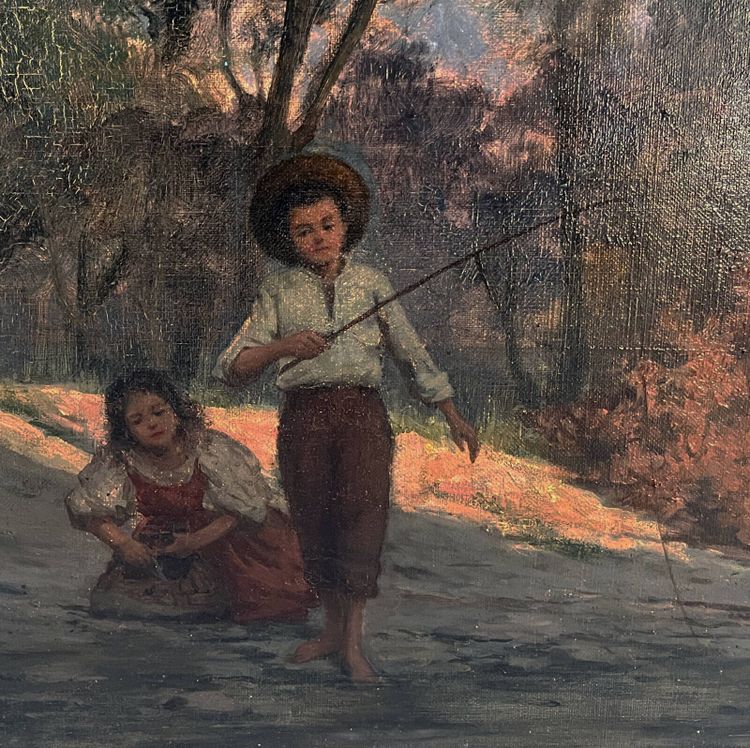 Dipinto ad olio su tela (XIX/XX secolo) Bambini pescatori nel sottobosco