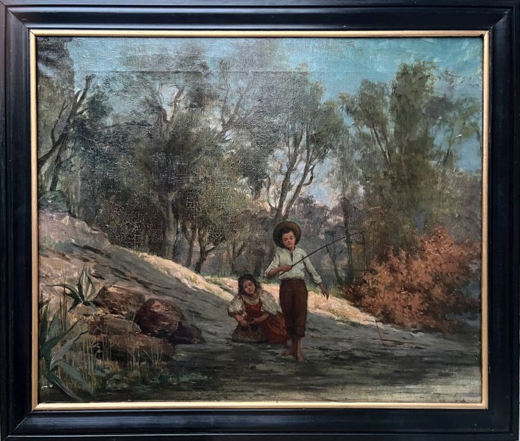 Dipinto ad olio su tela (XIX/XX secolo) Bambini pescatori nel sottobosco