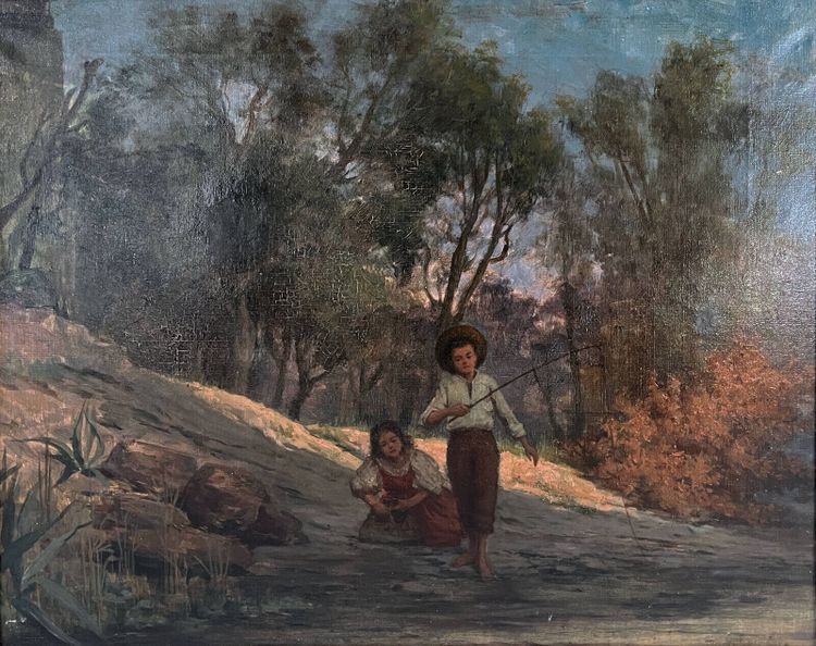Dipinto ad olio su tela (XIX/XX secolo) Bambini pescatori nel sottobosco