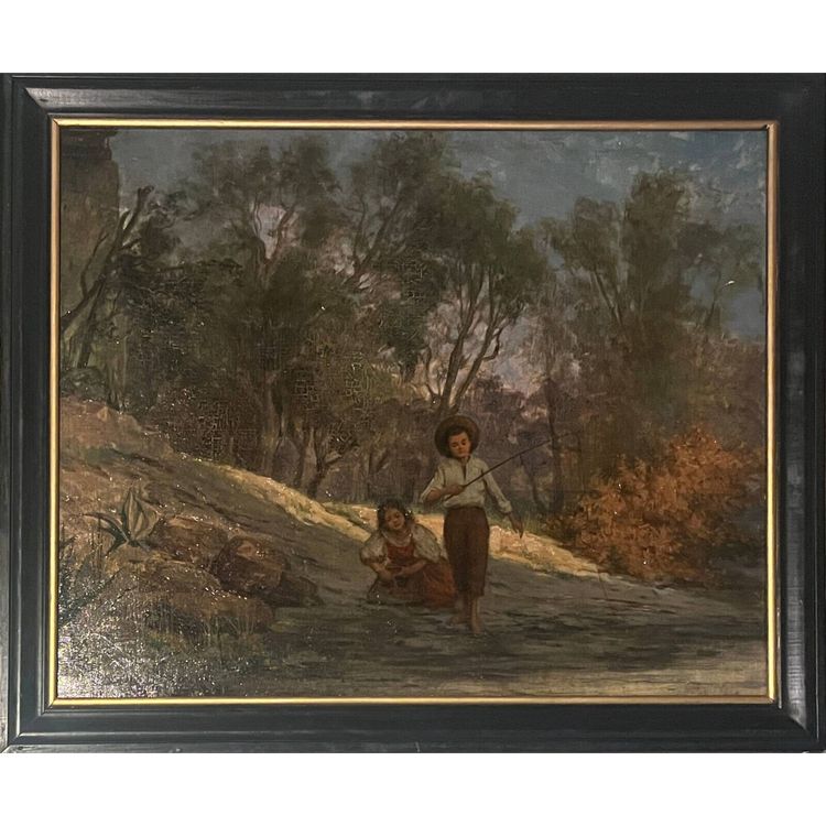 Dipinto ad olio su tela (XIX/XX secolo) Bambini pescatori nel sottobosco