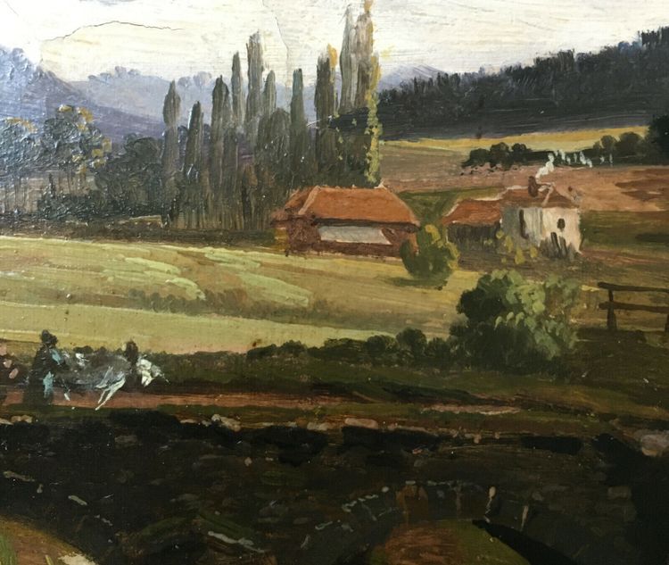 Gemälde H auf Leinwand „Belebte Landschaft“ 19. Jahrhundert signiert