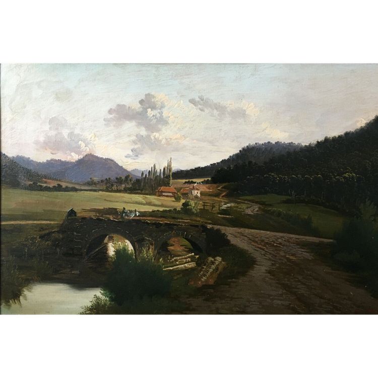 Gemälde H auf Leinwand „Belebte Landschaft“ 19. Jahrhundert signiert
