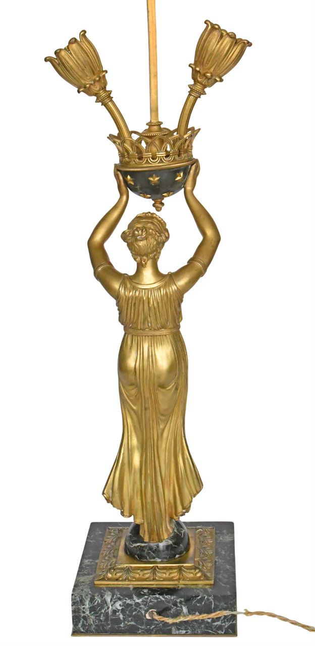 Lampada in bronzo dorato e marmo in stile impero raffigurante una cariatide