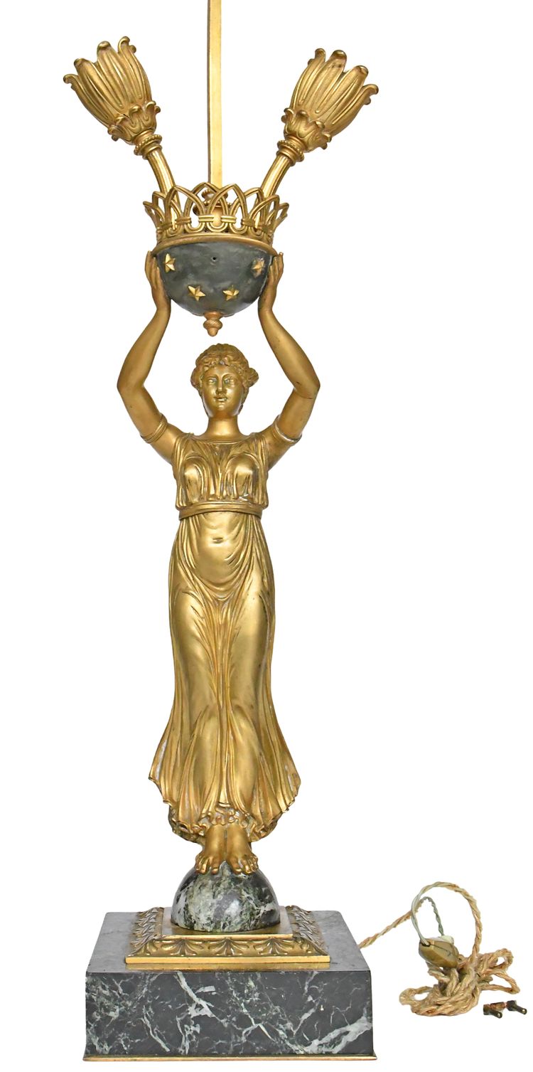 Lampada in bronzo dorato e marmo in stile impero raffigurante una cariatide