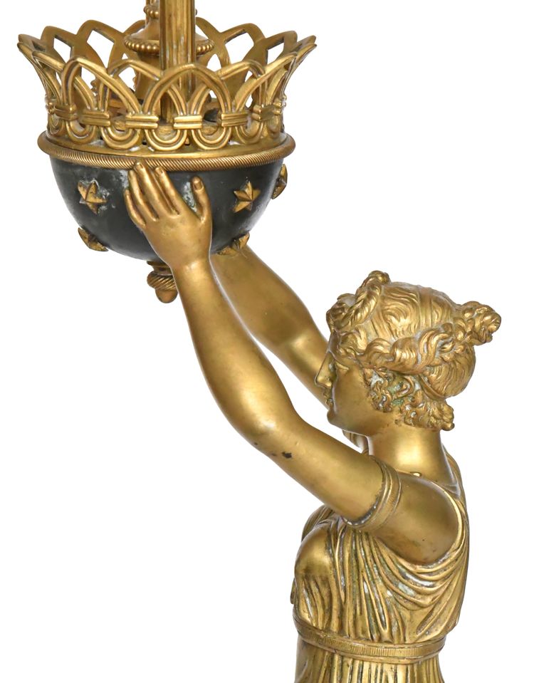 Lampada in bronzo dorato e marmo in stile impero raffigurante una cariatide