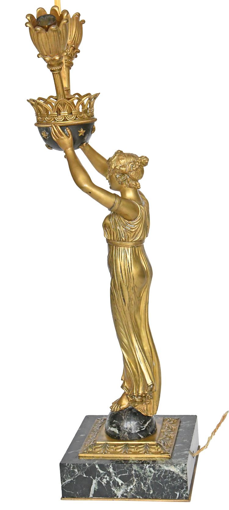 Lampada in bronzo dorato e marmo in stile impero raffigurante una cariatide