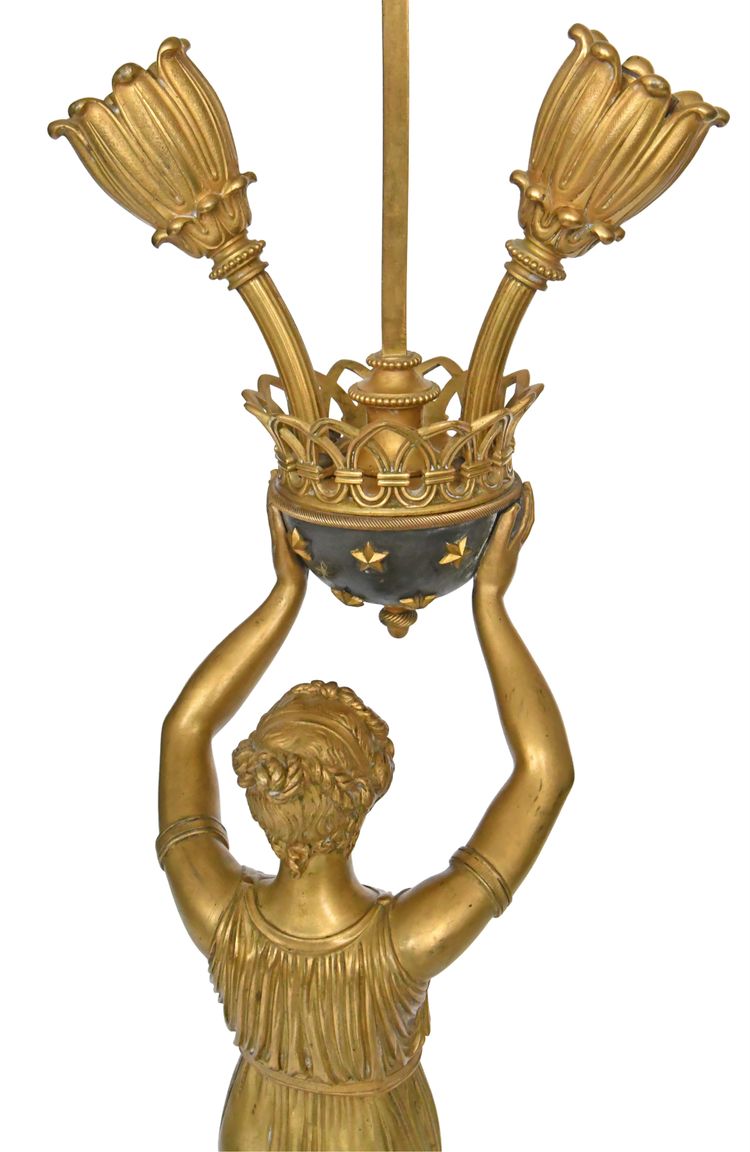 Lampada in bronzo dorato e marmo in stile impero raffigurante una cariatide