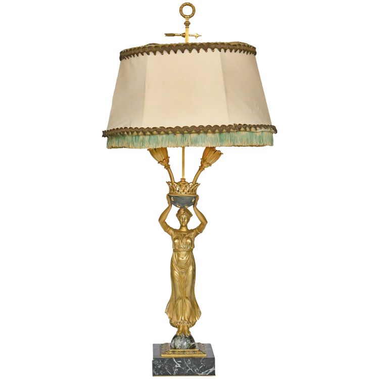 Lampada in bronzo dorato e marmo in stile impero raffigurante una cariatide