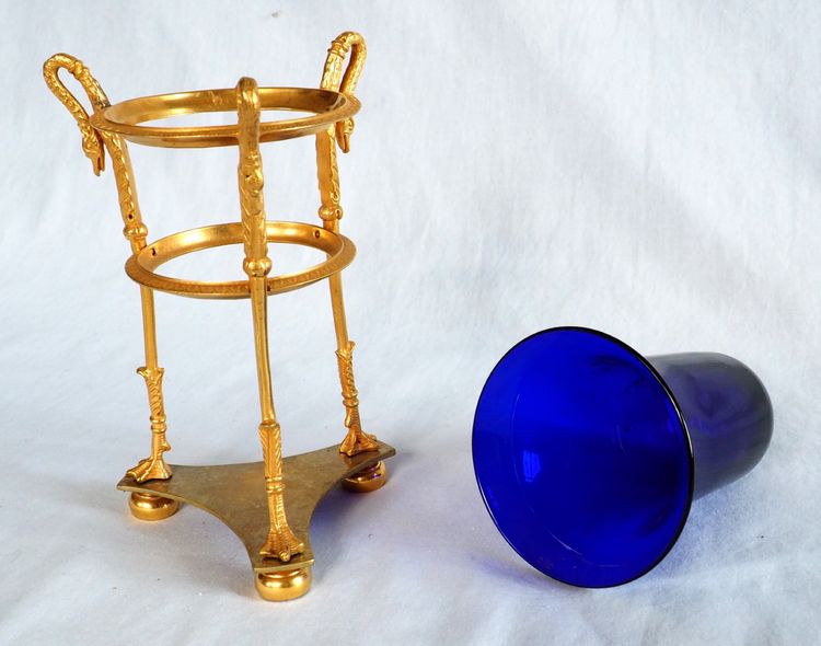Empire period Athenian vase, gilded bronze and blue crystal, swan neck decoration