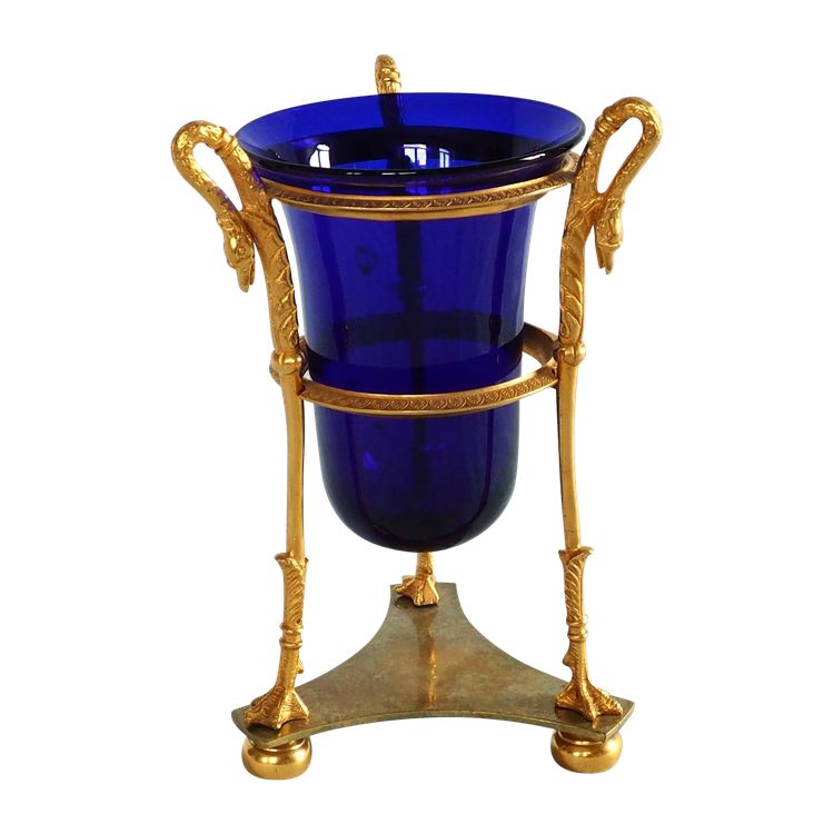 Empire period Athenian vase, gilded bronze and blue crystal, swan neck decoration