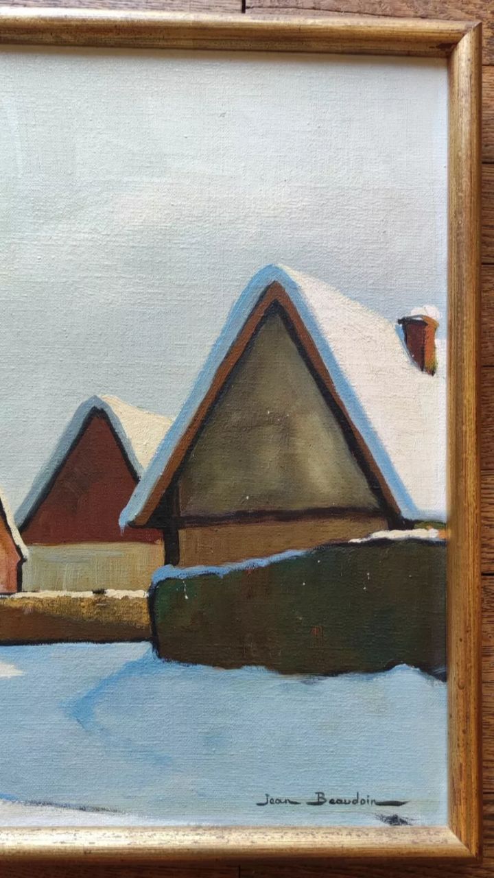 Ancienne Peinture Tableau Toile  Paysage Neige Jean Beaudoin
