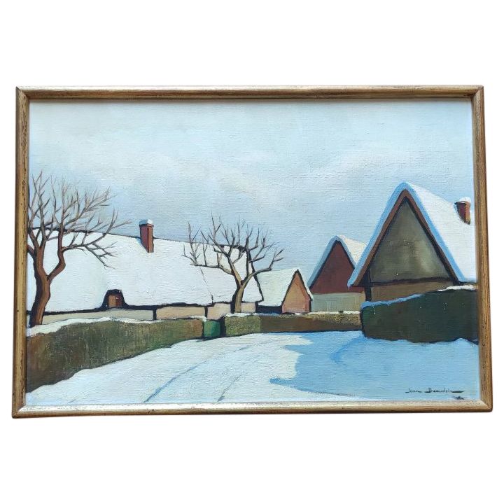 Ancienne Peinture Tableau Toile  Paysage Neige Jean Beaudoin