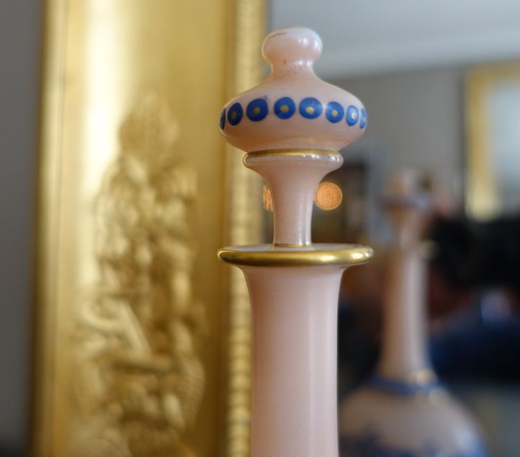 Baccarat: painted opaline liqueur carafe - paper label, circa 1880