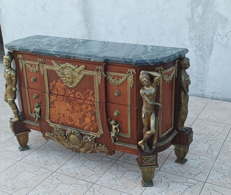 Commode Louis XVI style Jean-Henry Riesener en hêtre bronze et marbre 20ème