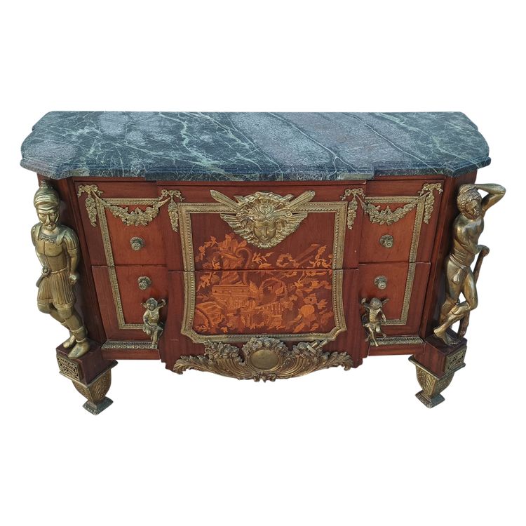 Commode Louis XVI style Jean-Henry Riesener en hêtre bronze et marbre 20ème