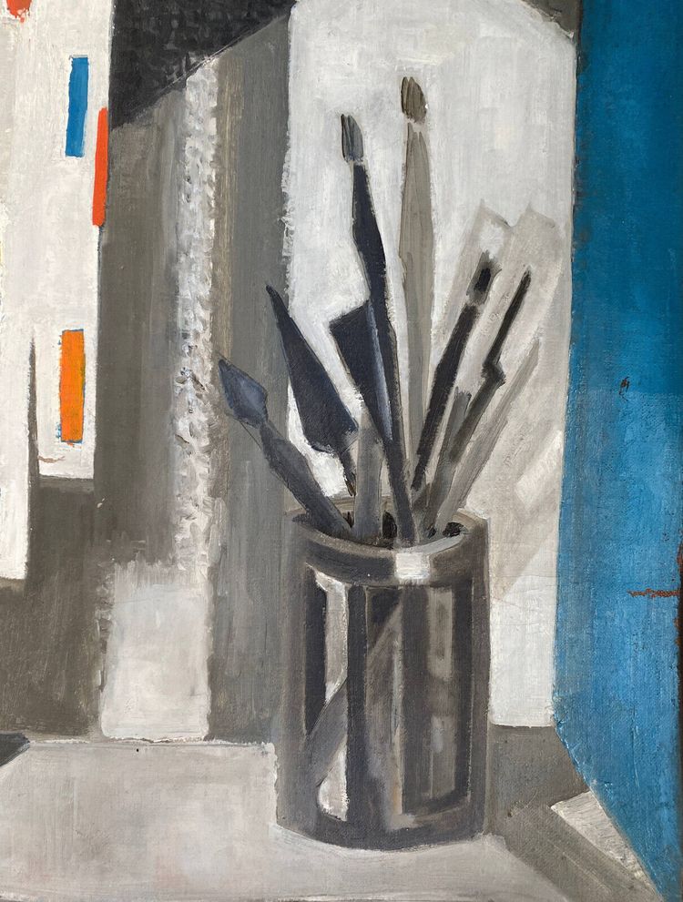 Tableau Huile sur Toile Cubisme par Guy Feinstein (né en 1929) "L'atelier de l'artiste" 1956