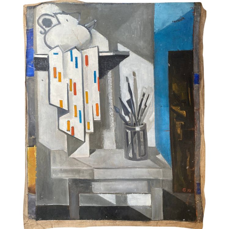 Tableau Huile sur Toile Cubisme par Guy Feinstein (né en 1929) "L'atelier de l'artiste" 1956