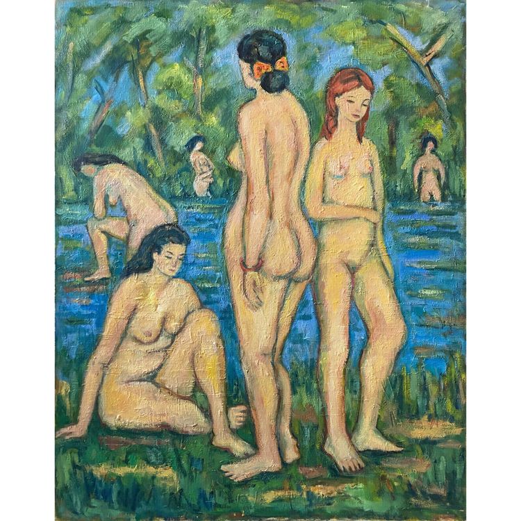 Tableau grande HST "Baigneuses" Marcelle GUETTA-FATTAL (1922-2009) Fauvisme