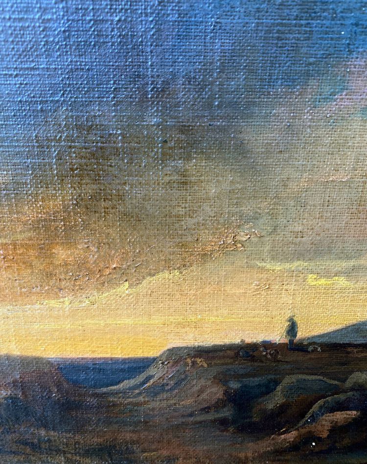 Dipinto del XIX secolo Paesaggio romantico "Pastore solitario al tramonto" HST/P + cornice