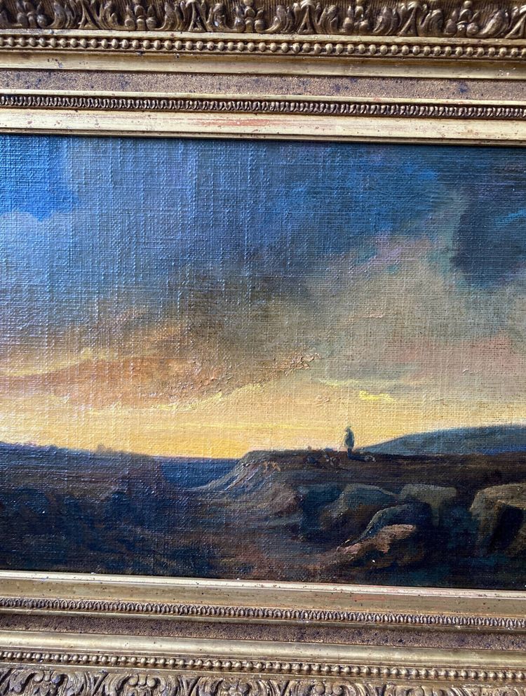 Dipinto del XIX secolo Paesaggio romantico "Pastore solitario al tramonto" HST/P + cornice