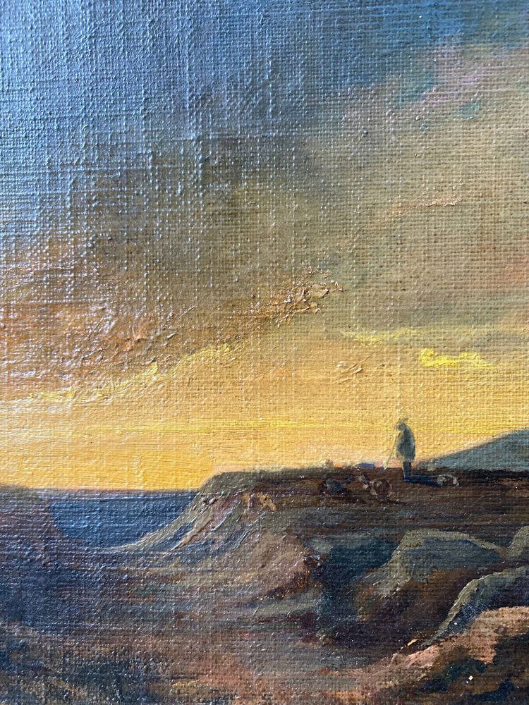 Dipinto del XIX secolo Paesaggio romantico "Pastore solitario al tramonto" HST/P + cornice
