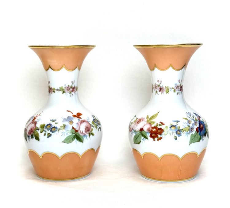 Pair of White Opaline Vases with Flower Decor
