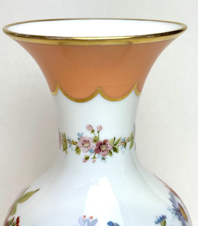 Pair of White Opaline Vases with Flower Decor