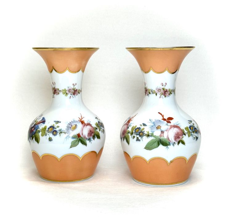 Pair of White Opaline Vases with Flower Decor