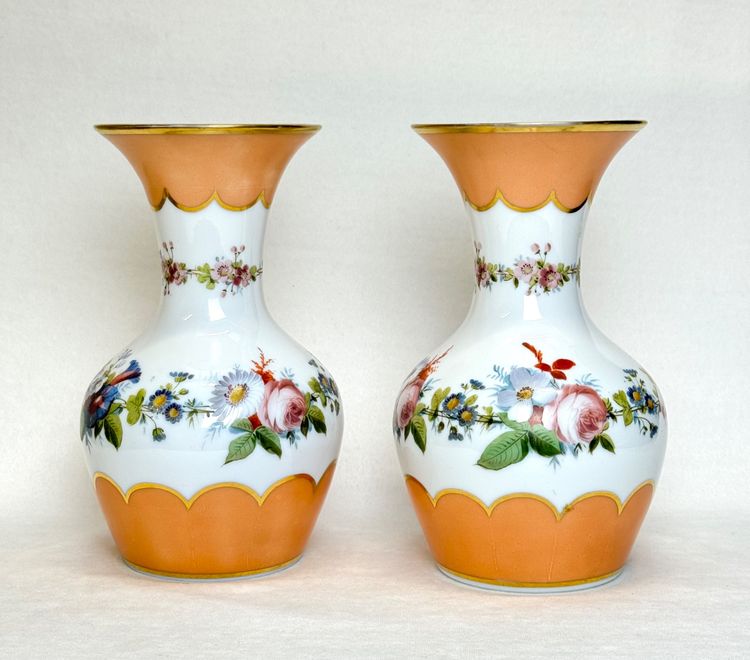 Pair of White Opaline Vases with Flower Decor