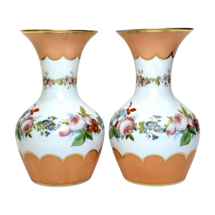 Pair of White Opaline Vases with Flower Decor