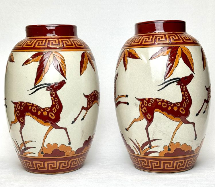 Keralouve - Pair De Vases Art Déco En Faïence Émaillée