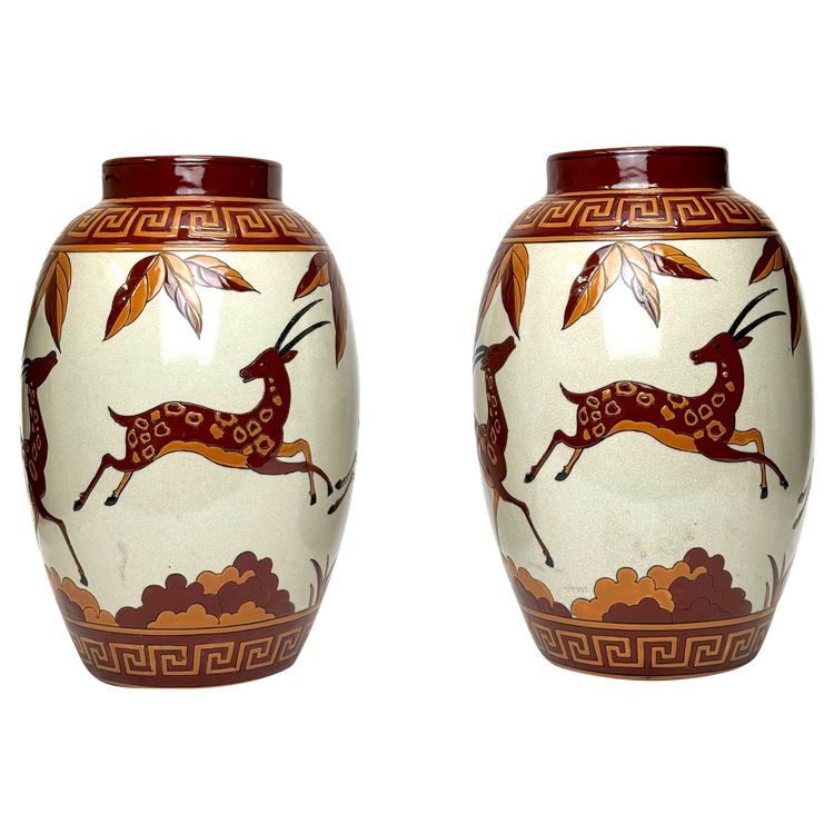 Keralouve - Pair De Vases Art Déco En Faïence Émaillée