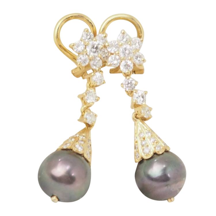 Boucles d'oreilles en or jaune, Diamants et perles de Tahiti