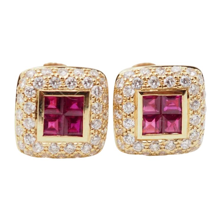 Boucles d'oreilles de luxe en or jaune, rubis et diamants