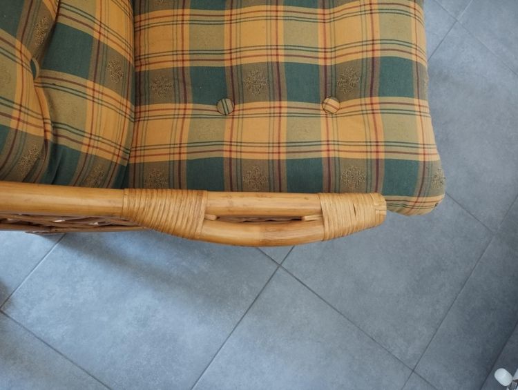 Poltrona vintage in tartan, bambù e rattan