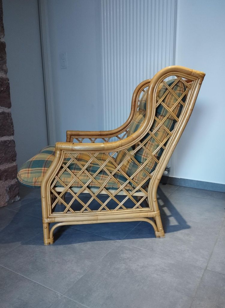 Poltrona vintage in tartan, bambù e rattan