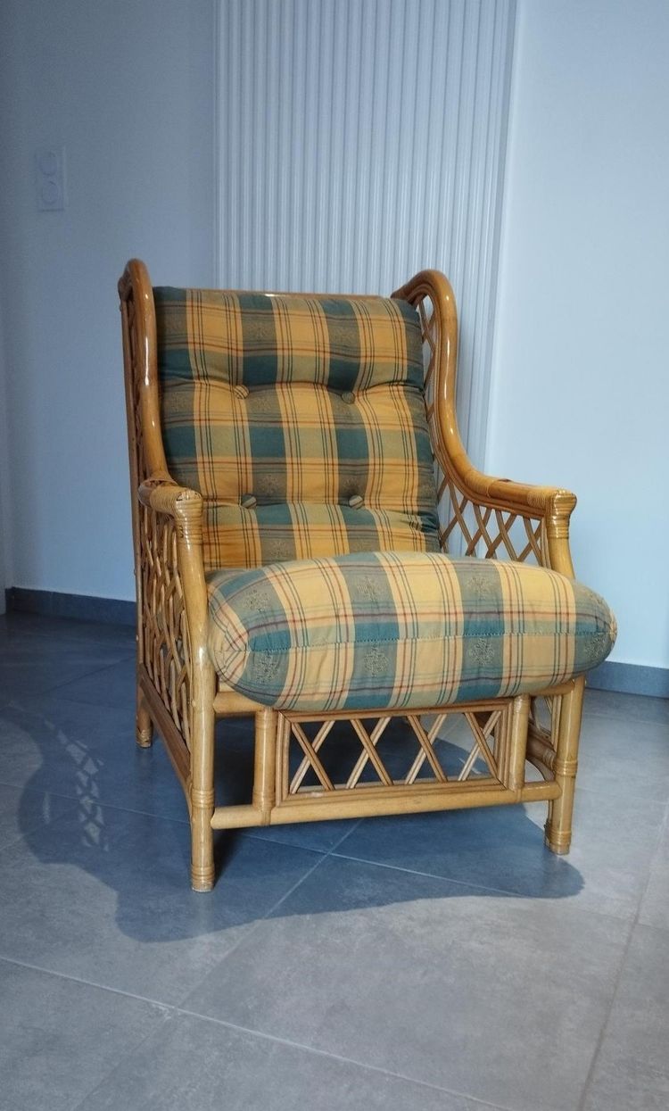 Poltrona vintage in tartan, bambù e rattan