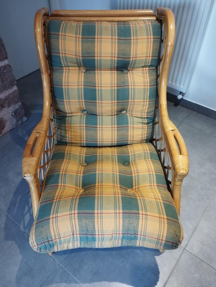 Poltrona vintage in tartan, bambù e rattan