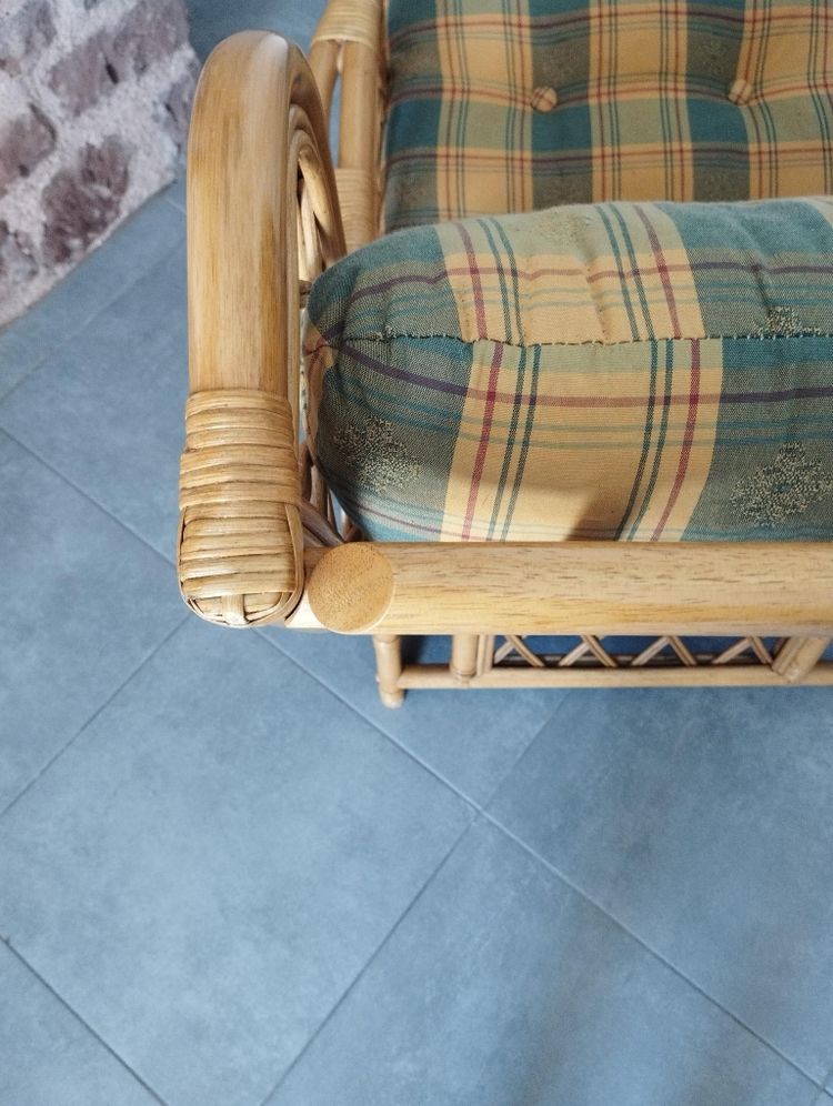 Poltrona vintage in tartan, bambù e rattan