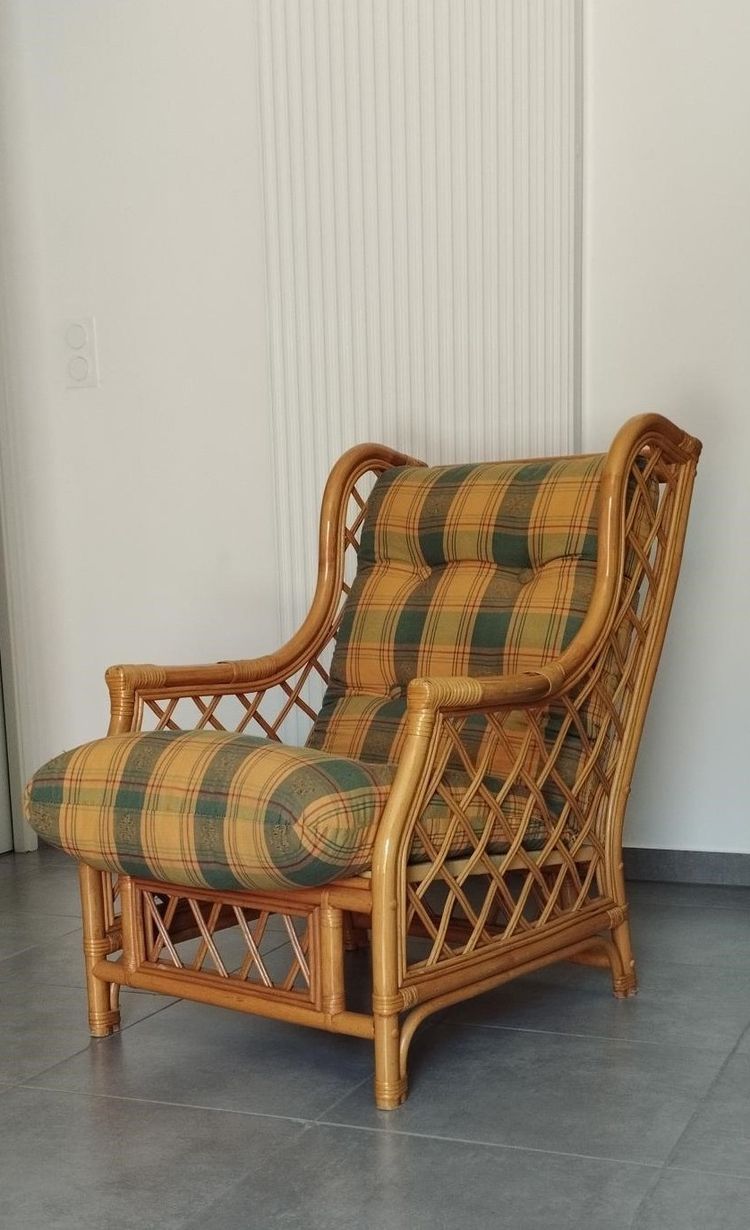 Poltrona vintage in tartan, bambù e rattan