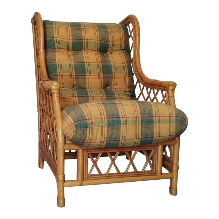 Poltrona vintage in tartan, bambù e rattan