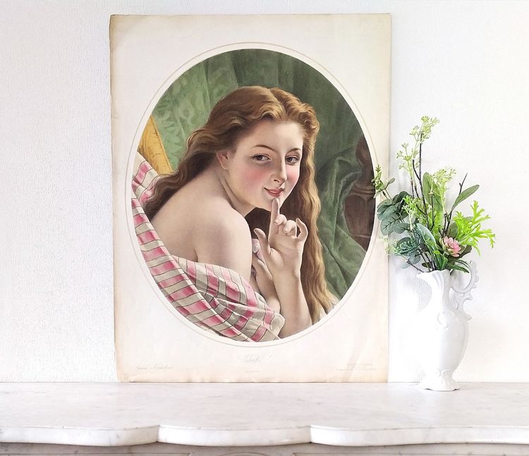 Antico acquerello litografico Ritratto di donna XIX secolo