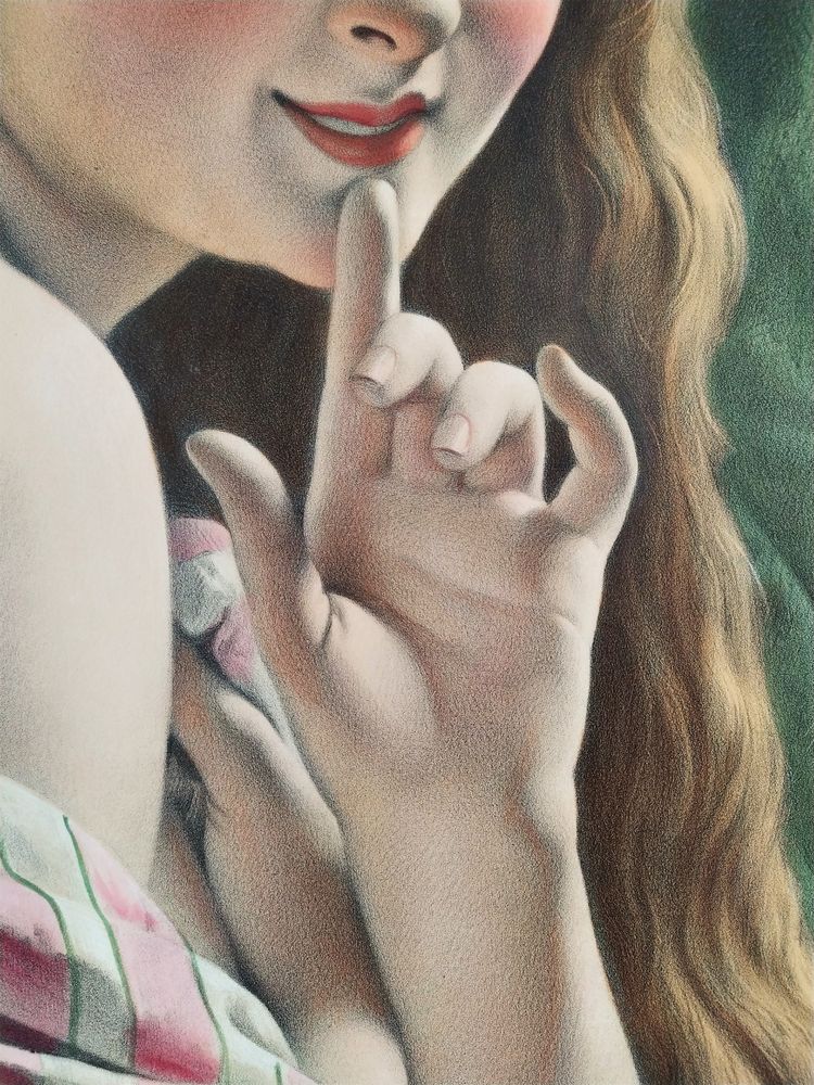  Antico acquerello litografico Ritratto di donna XIX secolo